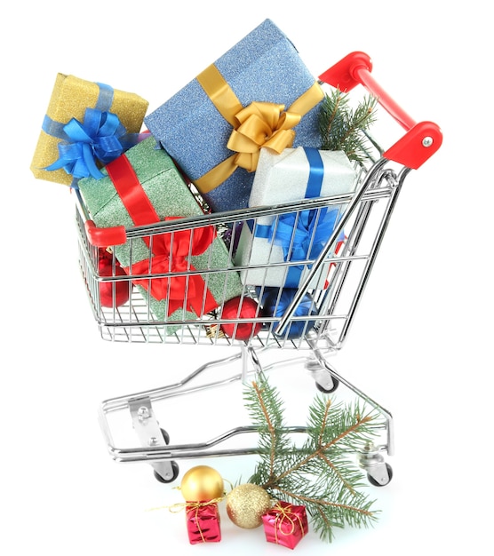 Christmas gifts in shopping trolley, isolated on white