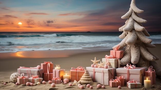 Christmas gifts on a tropical beach with a jet ski in the background Christmas vacation theme