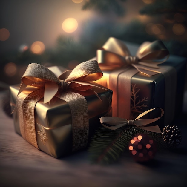 Christmas gifts with bows on a spruce background created with Generative AI technology