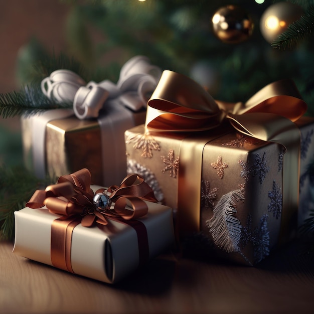 Christmas gifts with bows on a spruce background created with Generative AI technology