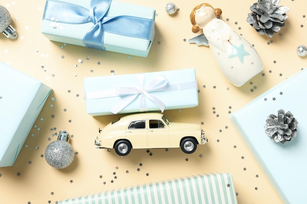 Christmas gifts with a car top view