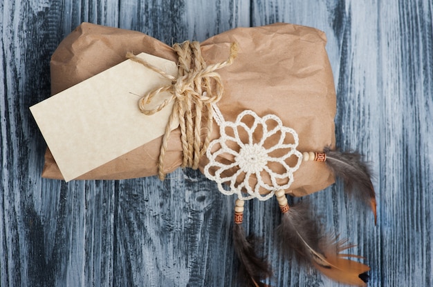 Christmas gifts on wooden table