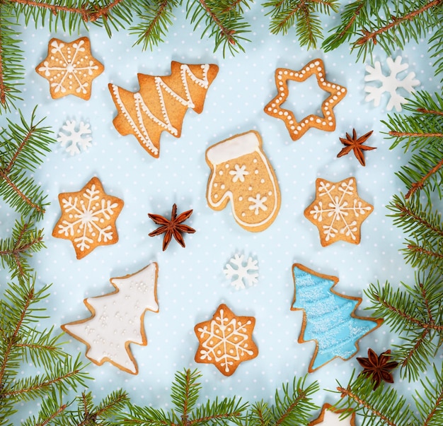 Christmas ginger cookies star anise snowflakes and spruce branches on light blue background