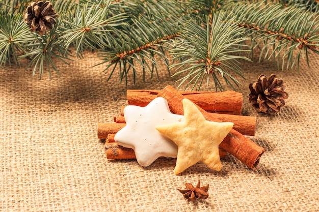 Christmas gingerbread cookie on sackcloth with cinnamon, star anise and natural fir tree branches with cones. Color toning effect.