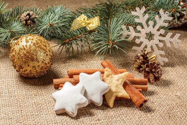 Christmas gingerbread cookies on sackcloth with cinnamon and star anise