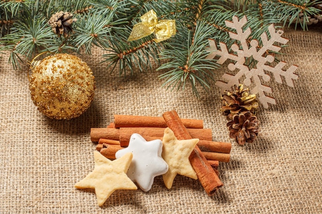 Christmas gingerbread cookies on sackcloth with cinnamon and star anise