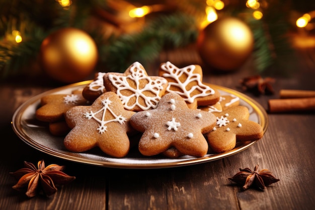 Christmas Gingerbread Cookies on Vintage Plate with Anise Cinnamon Pinecones and Gold Lights