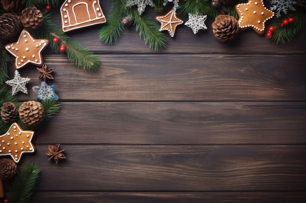 Christmas gingerbread decorations on wooden background top view AI generated illustration