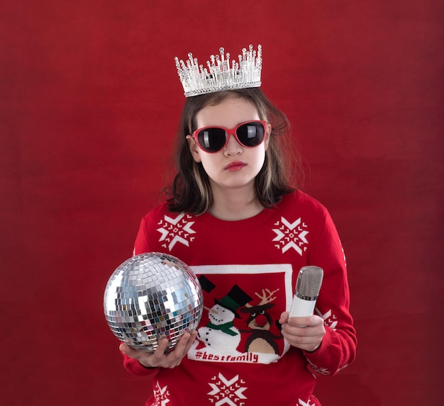 christmas, girl with crown and disco ball