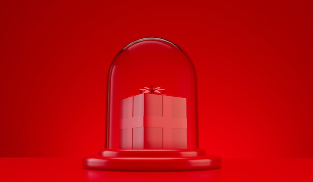 Christmas glass snow globe empty dome for product placement Festive podium with red gift boxes 3D Render