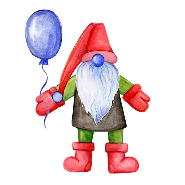 Photo christmas gnome with a balloongnome santa claus watercolor illustration