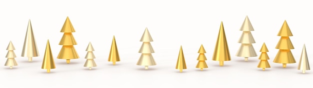 Christmas golden trees 3d render Abstract geometric xmas forest in metal cone shapes New Year decorations gold lush pine and fir holiday design elements on white background