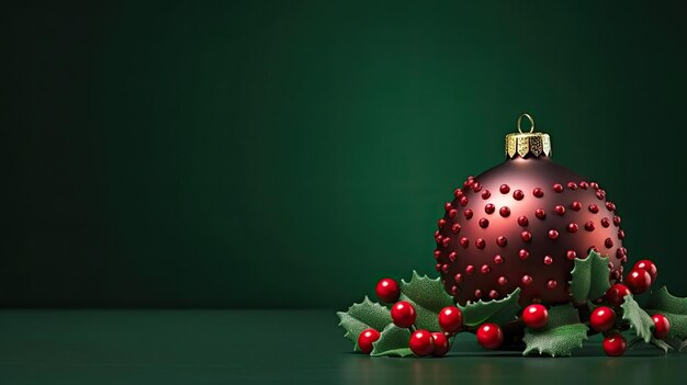 Christmas green background baubles spruce branches and ball with spikes Merry Christmas