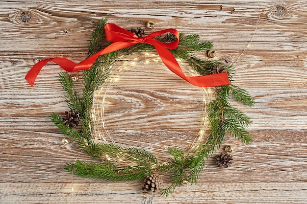 Christmas greeting banner on wooden backround flat lay