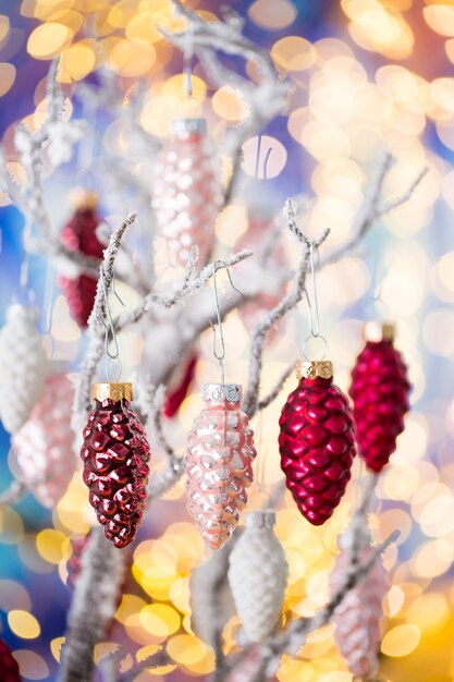 Christmas greeting card. Cone decoration. New Year concept.  Flat lay. Top view.