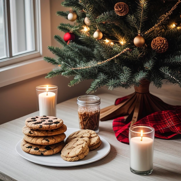 Christmas greeting card with fir tree cookies and candles