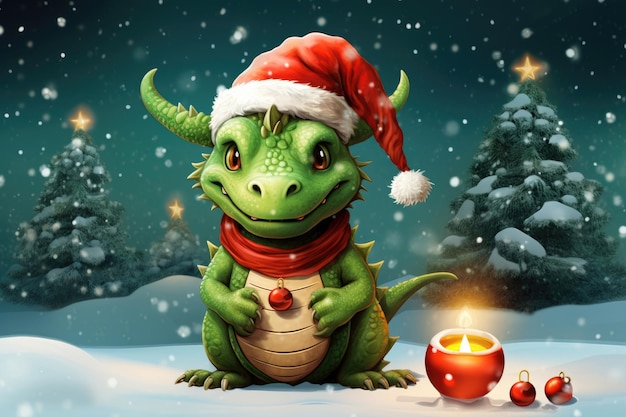 Christmas greeting card with funny green dragon symbol of 2024