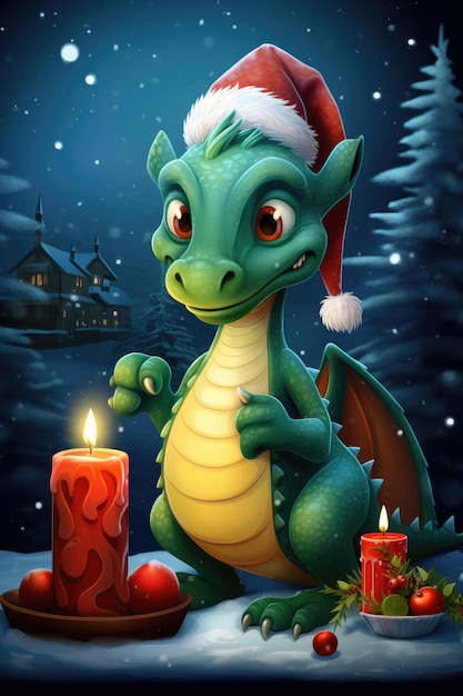 Christmas greeting card with funny green dragon symbol of 2024