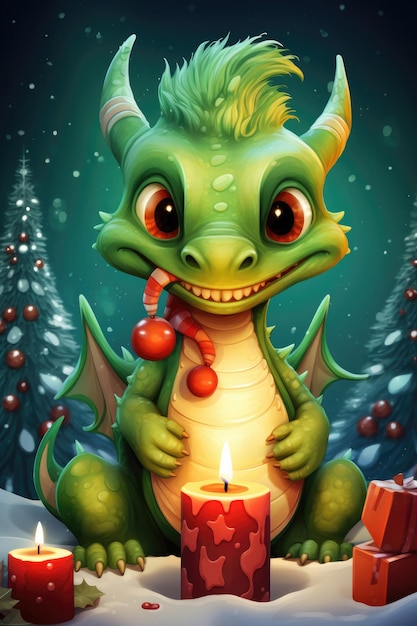 Christmas greeting card with funny green dragon symbol of 2024