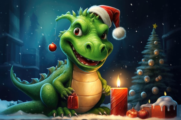 Christmas greeting card with funny green dragon symbol of 2024