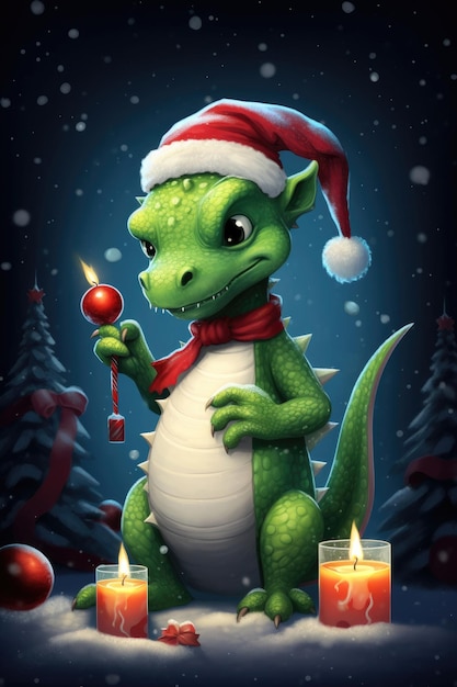 Christmas greeting card with funny green dragon symbol of 2024