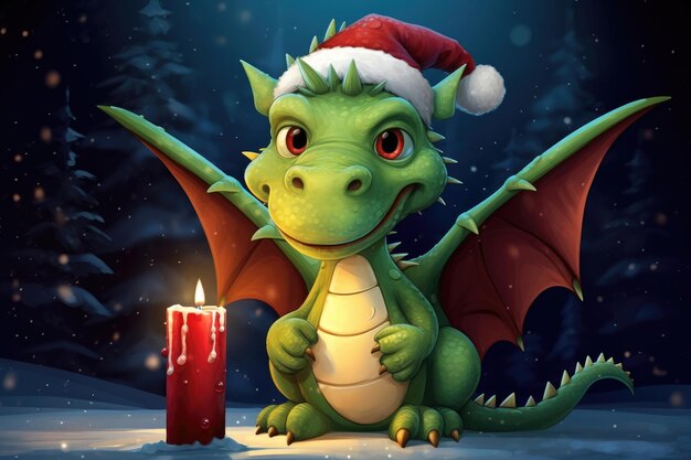 Christmas greeting card with funny green dragon symbol of 2024