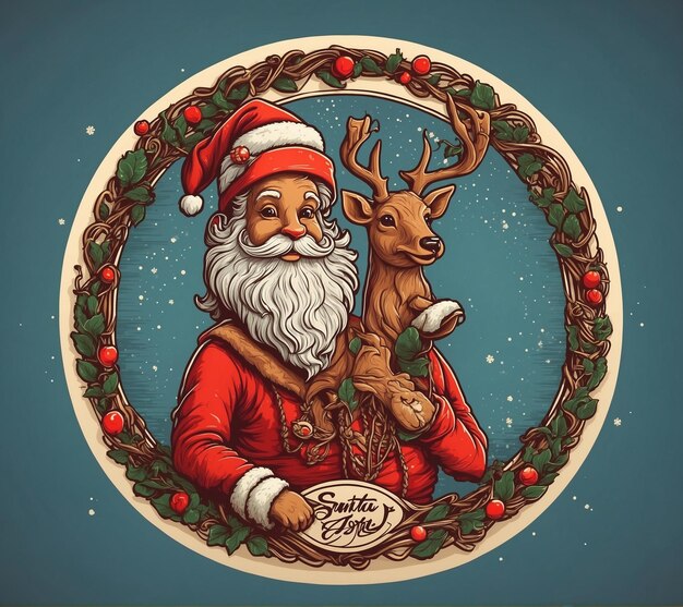 Christmas greeting card with Santa Claus and reindeer Vector illustration