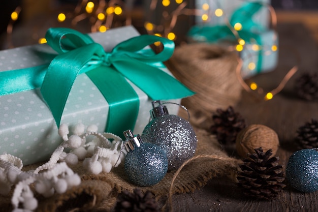 Christmas - a group of gifts on the background of garlands