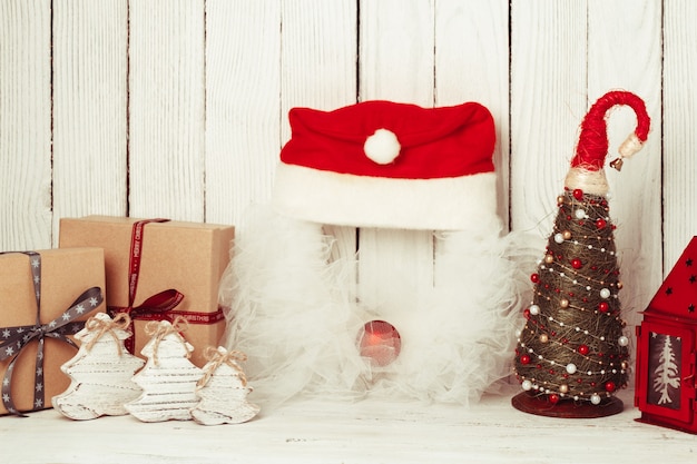 Christmas handmade decorations on the table and craft box