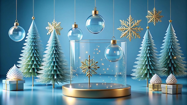 Christmas hanging decorations transparent balls fir trees snowflakes and golden podium on blue background Concept for Christmas sales promotions product presentation