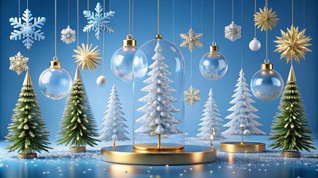 Christmas hanging decorations transparent balls fir trees snowflakes and golden podium on blue background Concept for Christmas sales promotions product presentation