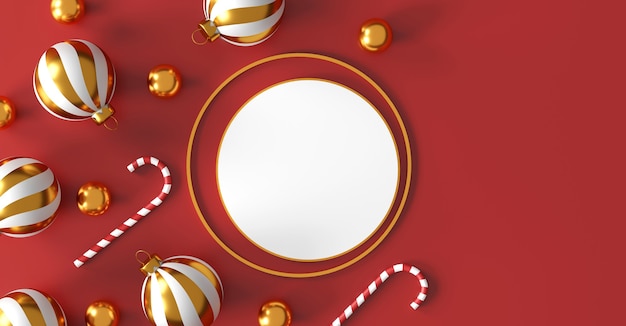 Christmas and happy new year decorations with a golden silver ball and golden star on red background. 3d illustration