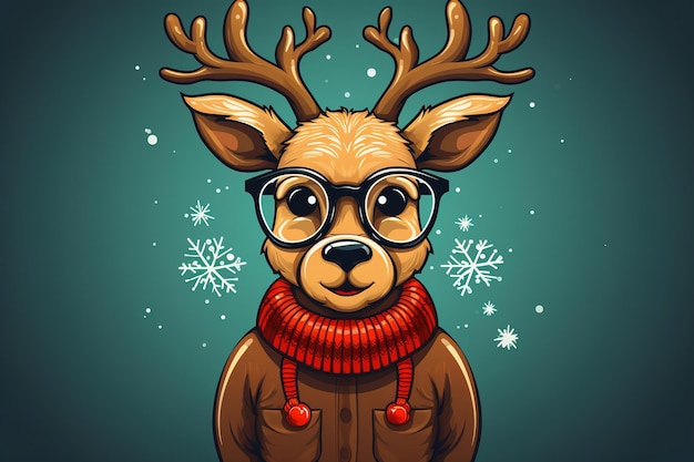 Christmas hipster deer with antlers wearing glasses and a red scarf Flat illustration of an animal