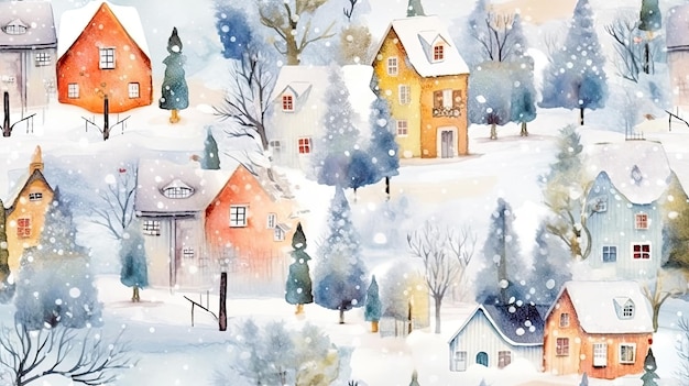 Christmas holiday background with seamless winter landscape pattern Watercolor winter backdrop