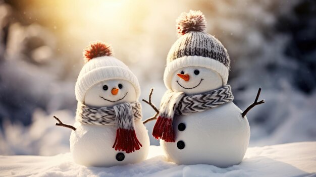 Christmas holiday banner of funny smiling snowmans with wool hat and scarf