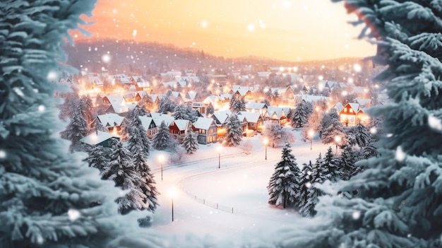 Christmas holiday card with winter landscape with a snowy houses in the mountains