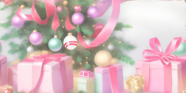 Christmas holiday composition Decorated Christmas tree and gifts in pink and green