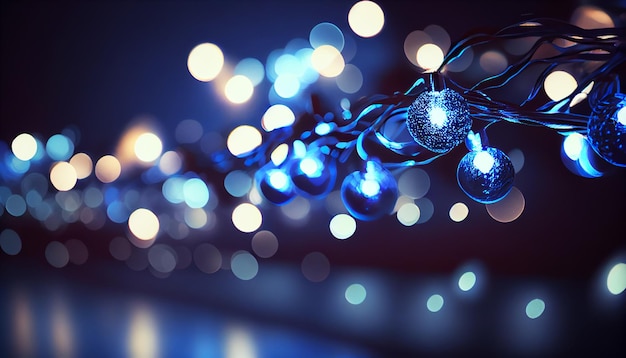 Christmas holiday garlands on a dark background Cozy fairytale atmosphere bokeh lighting Generative AI