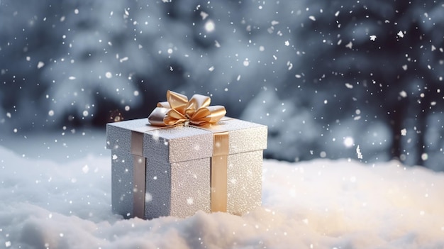 Christmas holiday gift and present gift box in the snow in snowfall winter countryside nature for boxing day holidays shopping sale