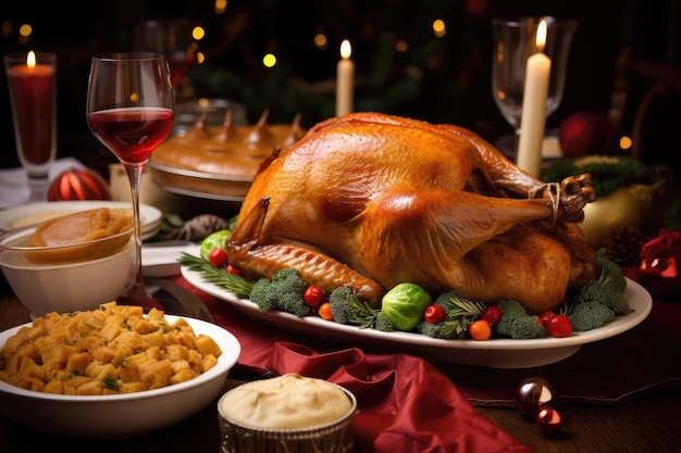 Christmas holiday meal with roast turkey stuffing and gravy on the table