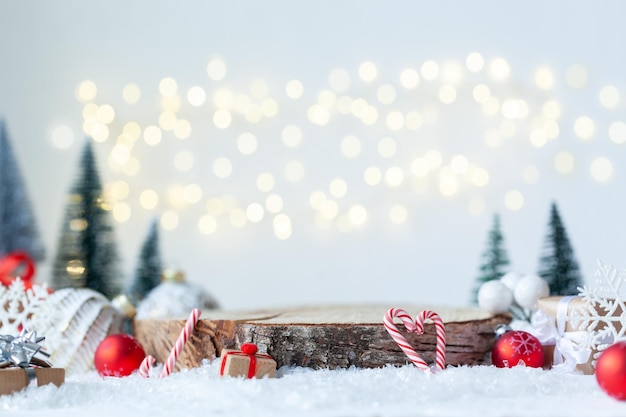 Christmas holiday mockup with wooden empty platform Place for christmas product presentation