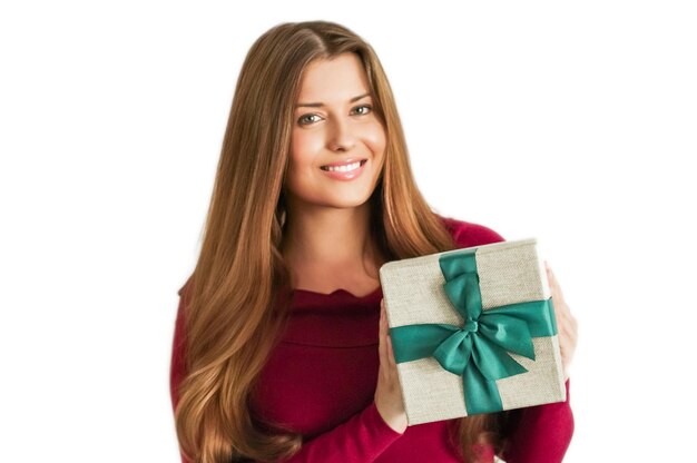 Christmas holiday present happy woman holding a gift or luxury beauty box subscription delivery isolated on white background