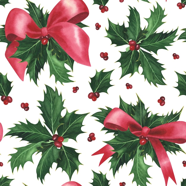 Christmas holly with red bow seamless pattern isolated on white Watercolor hand drawn illustration Art for design