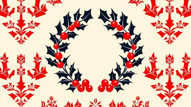 Photo christmas holly wreath pattern with red damask background