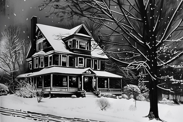 christmas home with distant view dim sketch monochrome