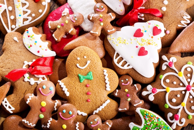 Christmas homemade gingerbread cookies as background, top view