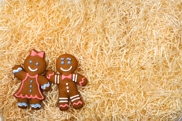 Christmas homemade gingerbread man and woman on decorative shredded paper for gifting