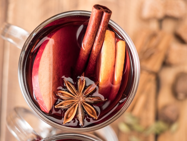 Christmas hot drink mulled wine on the table. Copy space.