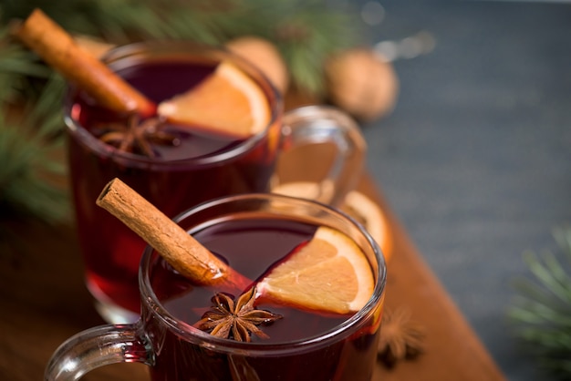 Christmas hot mulled wine with cardamom, cinnamon and anise