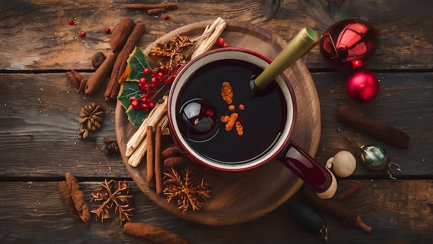 Christmas hot mulled wine with spices on a wooden table The idea for creating greeting cards